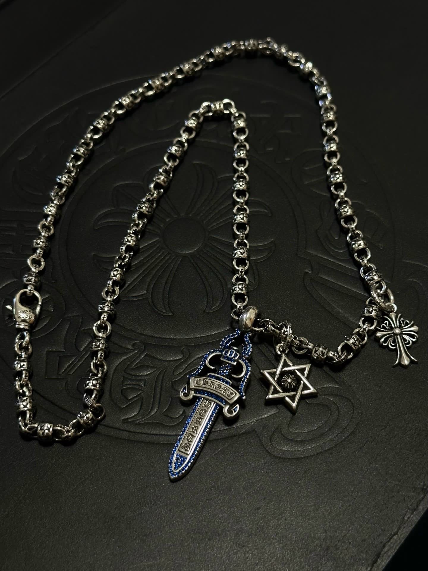 Chrome Hearts Silver Chain with Sword, Star of David, and Cross Charms